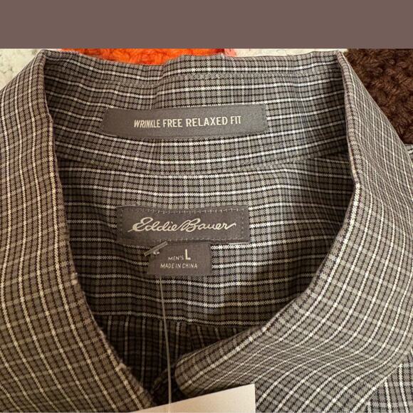 VTG Eddie Bauer Men’s Gray Plaid Wrinkle-Free Relaxed Fit Buttondown Shirt - Picture 3 of 4